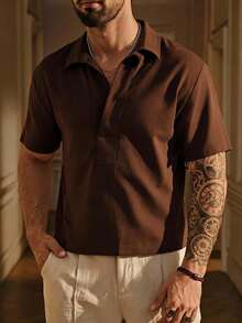 SIGLOCORE Men's Solid Color Dropped Shoulder Short Sleeve Notch V-Neck Minimalist Casual Polo Shirt Vacation Brown Summer - Coffee Brown - View 1