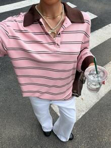 Muchica 女款粉色條紋拼色休閒學院風百搭日常T恤 開學季秋季校園穿搭 - 彩色 - 查看 1