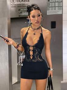 SHEIN Jeanoir Sexy Sheer Lace Backless Hollow Design Mini Dress For Women - Navy Blue - View 5