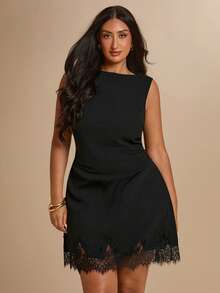 SHEIN BAE CURVE 大尺碼女款黑色蕾絲拼接無袖洋裝 - 黑色 - 查看 8
