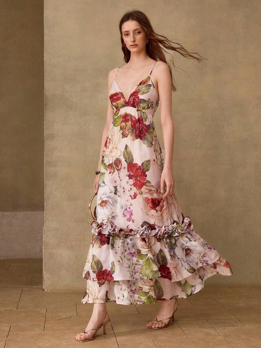 MOTF PREMIUM GAUN CAMI WANITA GAYA LIBURAN ROMANTIS MUSIM PANAS DENGAN MOTIF BUNGA DAN HEM BERGELOMBANG