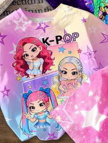 螢光紮染動漫卡通K-Pop女孩圖案，年輕女孩休閒極簡圓領短袖基礎T恤，3件套，適合日常穿著、返校、開學季，時尚夏季 - 彩色 - 查看 4