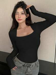 DAZY 女款保暖內裡修身純色T恤 - 黑色 - 查看 2