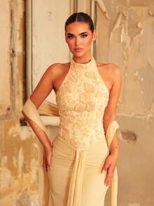 Glamrae Elegant Luxury Yellow Sequin Fabric Chiffon Patchwork Halter Neck Cup Pleated Decoration Flounce Mermaid Skirt Party Dress Wedding Guest Dress Summer - Yellow - View 7