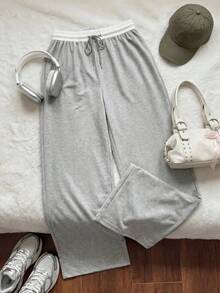 Comfortcana Plus-Size Off-White Casual Knit Sweatpants With Contrast Details And Drawstring – Back-To-School Season - Light Grey - View 3