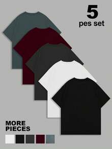 NEOREFINED 5pcs Men's Plus Size Solid Color Crew Neck Casual Versatile Daily Wear T-Shirts - Black - View 2