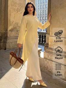 Elenzga Kemeja Wanita Model Lilitan dengan Hem Asimetris Warna Polos - Kuning - View 5