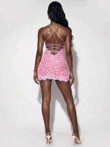 Amplova Women's Camisole Lace Leopard Print Patchwork Design Mini Dress - Pink - View 3