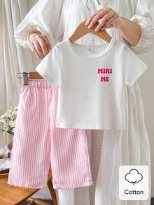 SHEIN Playful Pals 2件組女嬰夏季黑色短袖T恤刺繡裝飾條紋長褲套裝休閒度假風 - 粉色 - 查看 13