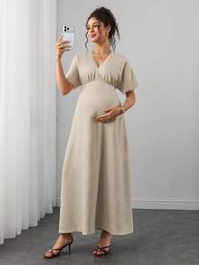 Momance 孕婦純色V領百褶休閒日常洋裝 - 卡其色 - 查看 4