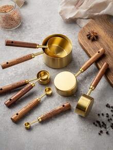 4/8pcs Measuring Cup And Spoon, Stainless Steel Measuring Cup And Measuring Spoon Set, Acacia Wooden Handle Stainless Steel Measuring Cup For Dry Goods And Liquid Ingredients, Baking Tools DIY, Seasoning Spoon Take Powder Spoon Coffee Spoon - Multicolor - View 6