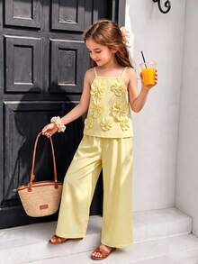 Young Girls Solid Color 3D Floral Camisole & Pants Set - Yellow - View 2