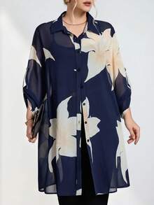 Chikora 大尺碼優雅通勤花卉印花襯衫 - 藏蓝色 - 查看 7