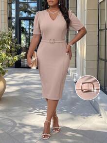 SHEIN Lady Plus Size Summer Elegant Solid Color Fitted Dress - Pink - View 1