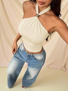 SHEIN PETITE 女款純色金屬裝飾時尚修身掛脖上衣，適合演唱會穿著 - 淡黃色 - 查看 7