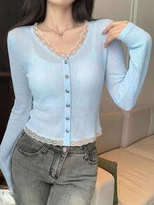 DAZY 夏秋淺藍色蕾絲飾邊拼接休閒甜美女款長袖開襟衫上衣 - 藍色 - 查看 4