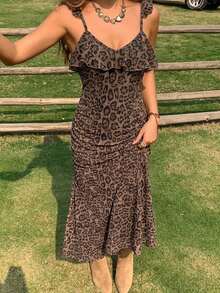 Livesso Women's Leopard Print Spaghetti Strap Dress Vacation Summer Brown Sexy 70s Retro 90s Night Out - Coffee - View 4