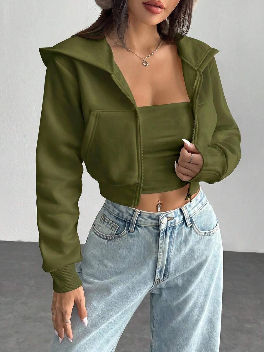 SHEIN PETITE Mujer unicolor Cremallera Delantera Manga Larga Bolsillo - Verde militar - Ver 1