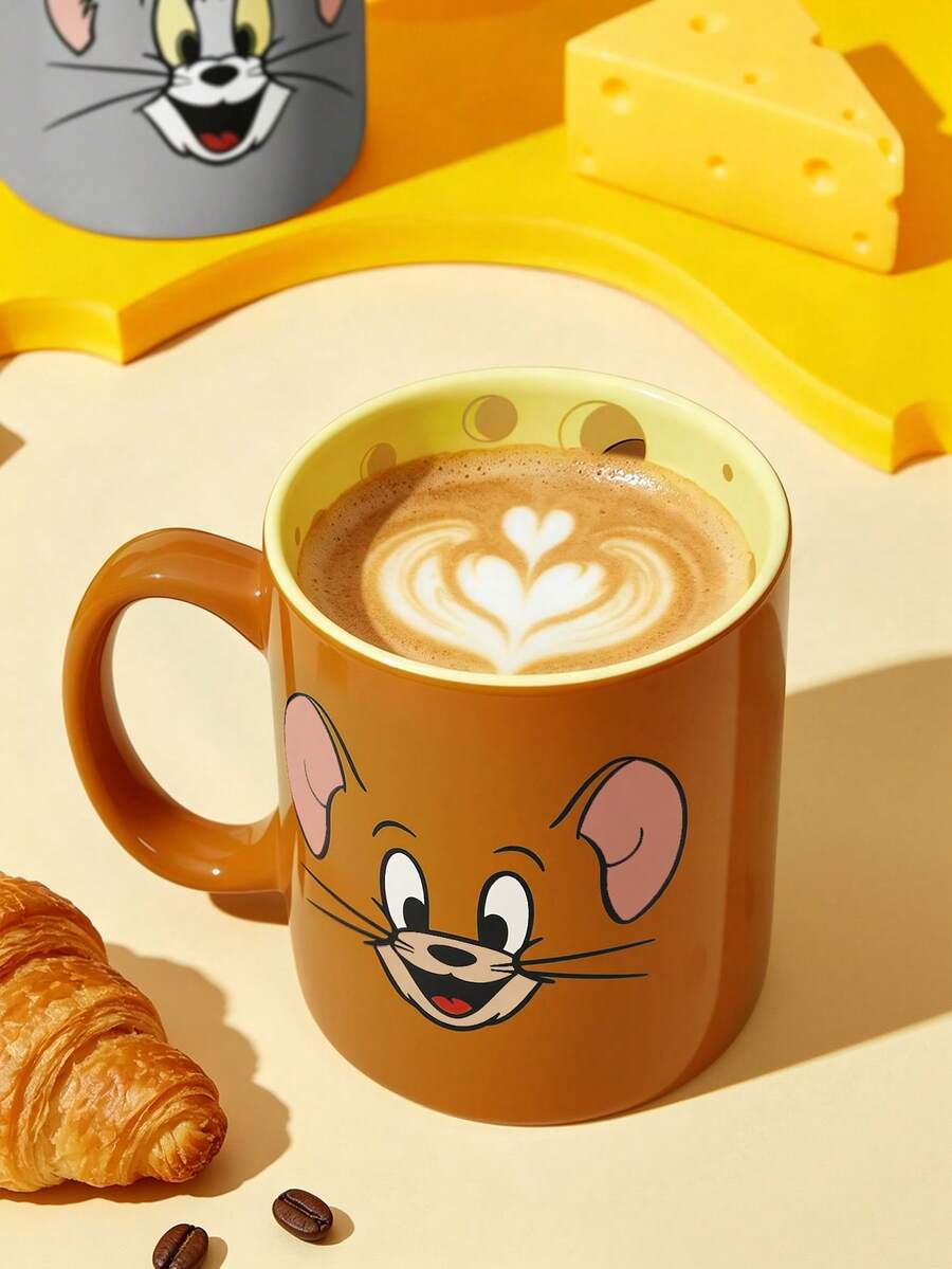 TOM & JERRY X SHEIN 卡通貓鼠陶瓷馬克杯,13.53oz/400ml 創意咖啡杯,內壁印有起司圖案,適合粉絲、居家、辦公室及送禮 - 暖棕色 - 查看 1