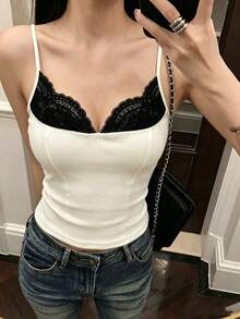 Modelyn Women's Patchwork 2 In 1 U-Neck Camisole, Summer Design Fitted Elegant Sexy Contrast Color Outerwear Top Vacation White And Black Night Out - Multicolor - View 2