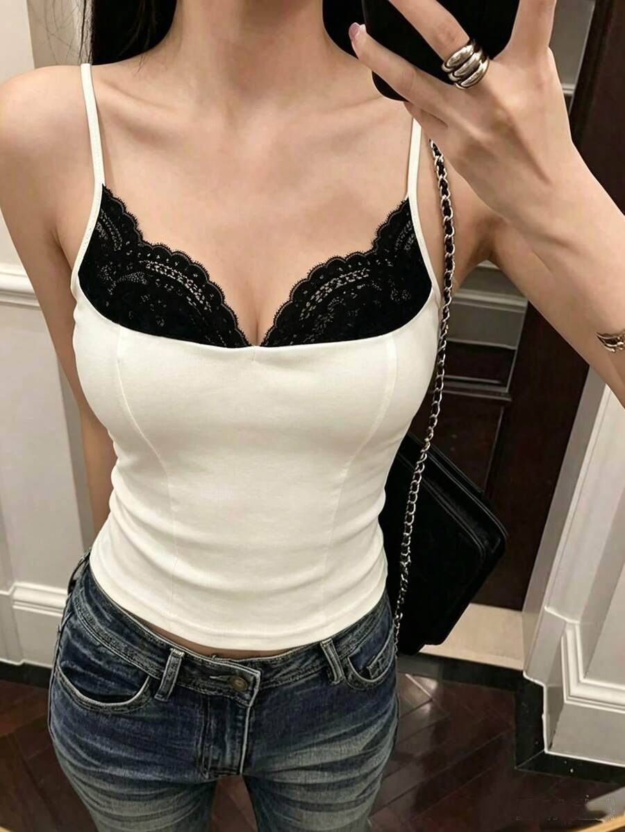 Modelyn Women's Patchwork 2 In 1 U-Neck Camisole, Summer Design Fitted Elegant Sexy Contrast Color Outerwear Top Vacation White And Black Night Out