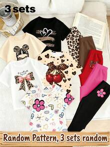 3 Sets Random Summer Girls' Leopard Pattern Love Maruko Head Cool Girls' Bow Pattern Printed Basic Short T Plus Bottom Pants Set Random Pattern - Multicolor - View 3