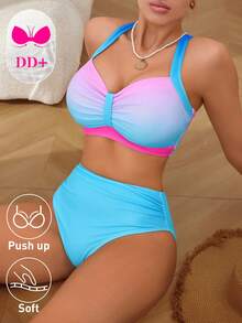 Voyashape DD+ Series Push-Up Soft Cup Bikini Set, Women's Blue Gradient Print Suitable For Summer Casual Beach Holiday Vacation Swimwear, Large Bust Two Pieces Set With Removable Bra Pads - Multicolor - View 4