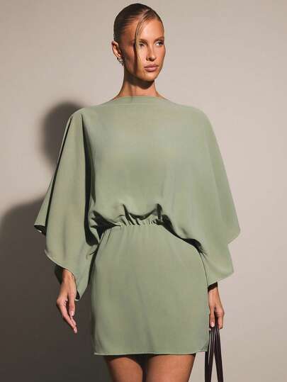 COSMINA Women's Solid Color Deep Backless Batwing Sleeve Fashion Short Dress