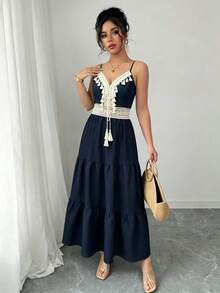 SHEIN Raffinéa 女款春季時尚休閒藍白碎花細肩帶洋裝 - 藏蓝色 - 查看 4