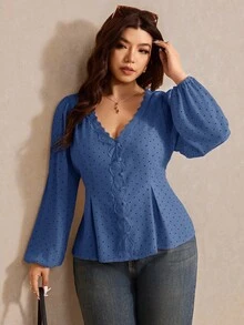 Elaquor 大尺碼女款圓點圖案對比蕾絲V領燈籠袖優雅襯衫 - 藍色 - 查看 6