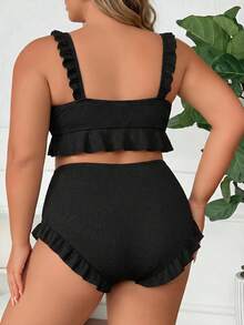 SHEIN CURVE+ 大尺碼女款兩件式比基尼套裝，優雅黑色紋理荷葉邊吊帶上衣 - 黑色 - 查看 2