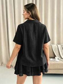 Vionelle Plus Size Women's Elegant Casual Solid Color Pleated Short Two Pieces Set For Spring And Summer Vacation Black Date Vacation Vacation Night Formal - Black - View 2