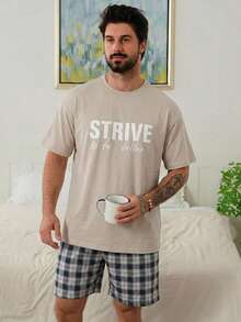 DAZY Men's Summer White Letter Print T-Shirt And Plaid Shorts Loungewear Set - Multicolor - View 1