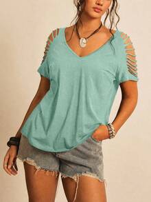 Freevana Women's Plus Size Solid Color Off-Shoulder Short Sleeve T-Shirt Formal Dusty Blue Summer Casual - Mint Blue - View 1