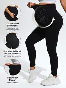 SHEIN Maternity Solid Color Casual Versatile Daily Wear Sports Long Pants - Black - View 3