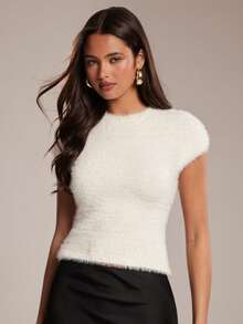 SHEIN BAE Women White Short Sleeve Top, Fuzzy Fluffy Knit T-Shirt With Open Back Cutout, Soft Plush Going Out Top For Summer Night/Open Back Cutout/ Fluffy - Apricot - View 8