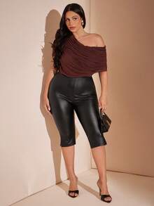 SHEIN BAE CURVE 大尺碼女款 PU 皮革緊身褲 - 黑色 - 查看 4