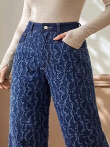 Anewsta Pantaloni da donna nuovi in tessuto jacquard blu denim a gamba dritta - Blu - Visualizzare 10