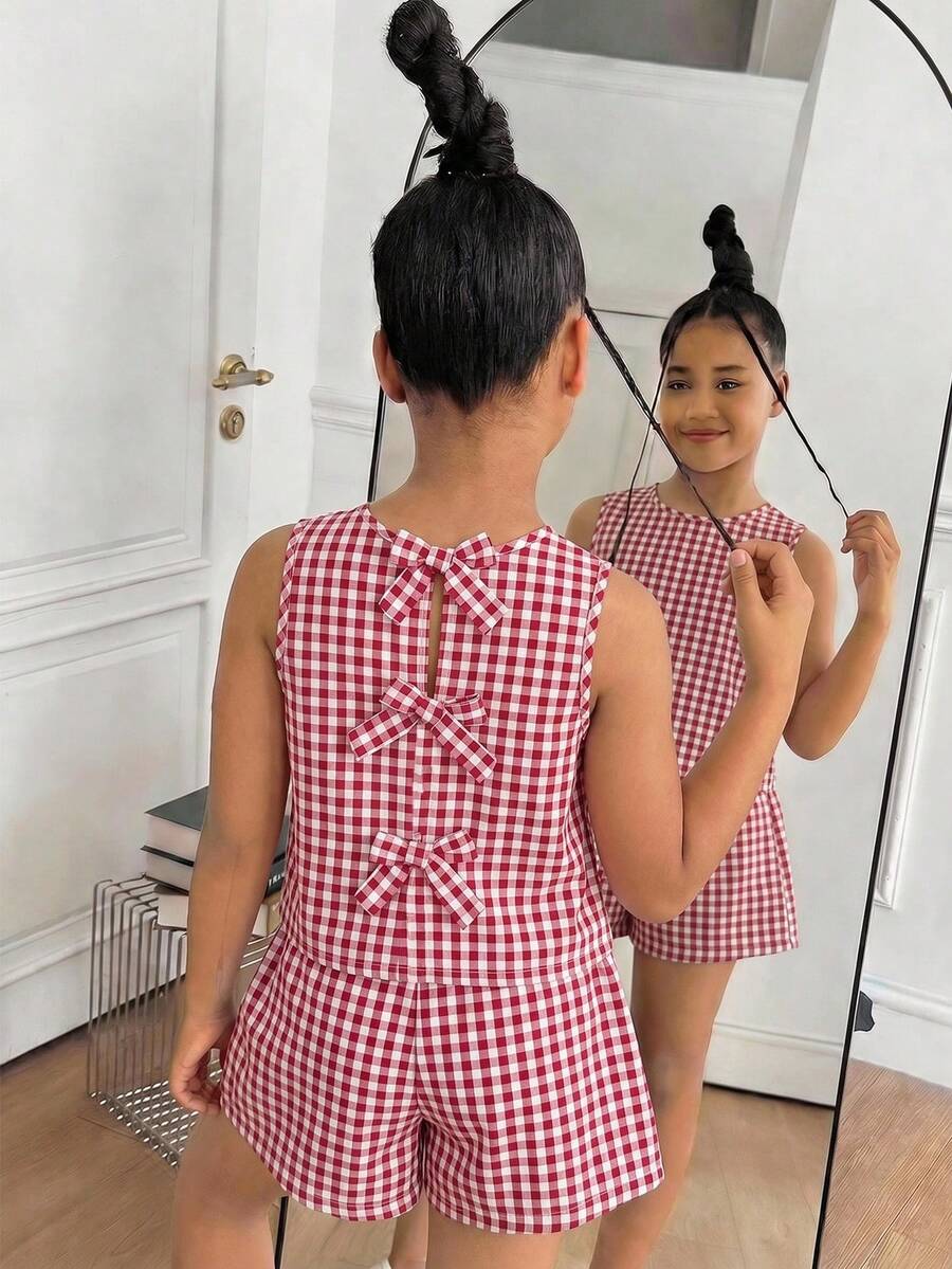 SHEIN 少女夏季休闲格子蝴蝶结装饰吊带背心和短裤套装 - 紅色 - 查看 1