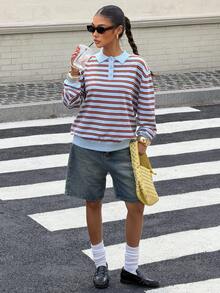 Muchica Multi-Color Striped Women's Button Half-Placket Long Sleeve Sweater - Multicolor - View 4