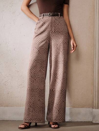 Anewsta Pantalones de mujer con estampado geométrico de laberinto vintage, drapeados, que estilizan, holgados y de pierna recta, versátiles para primavera/verano