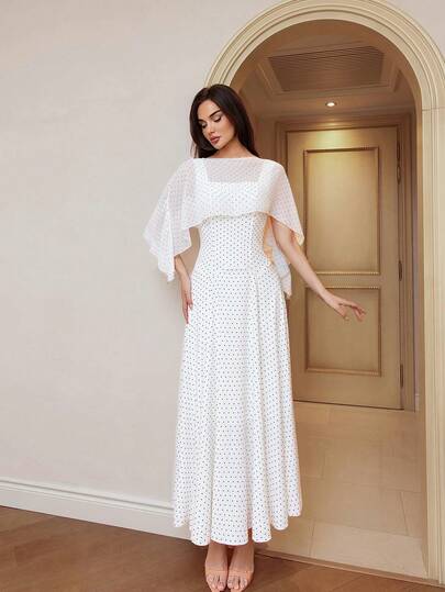 Modelyn طقم نسائي أنيق من قطعتين: توب شال بنقشة نقاط البولكا وفستان بدون أكمام بياقة مربعة