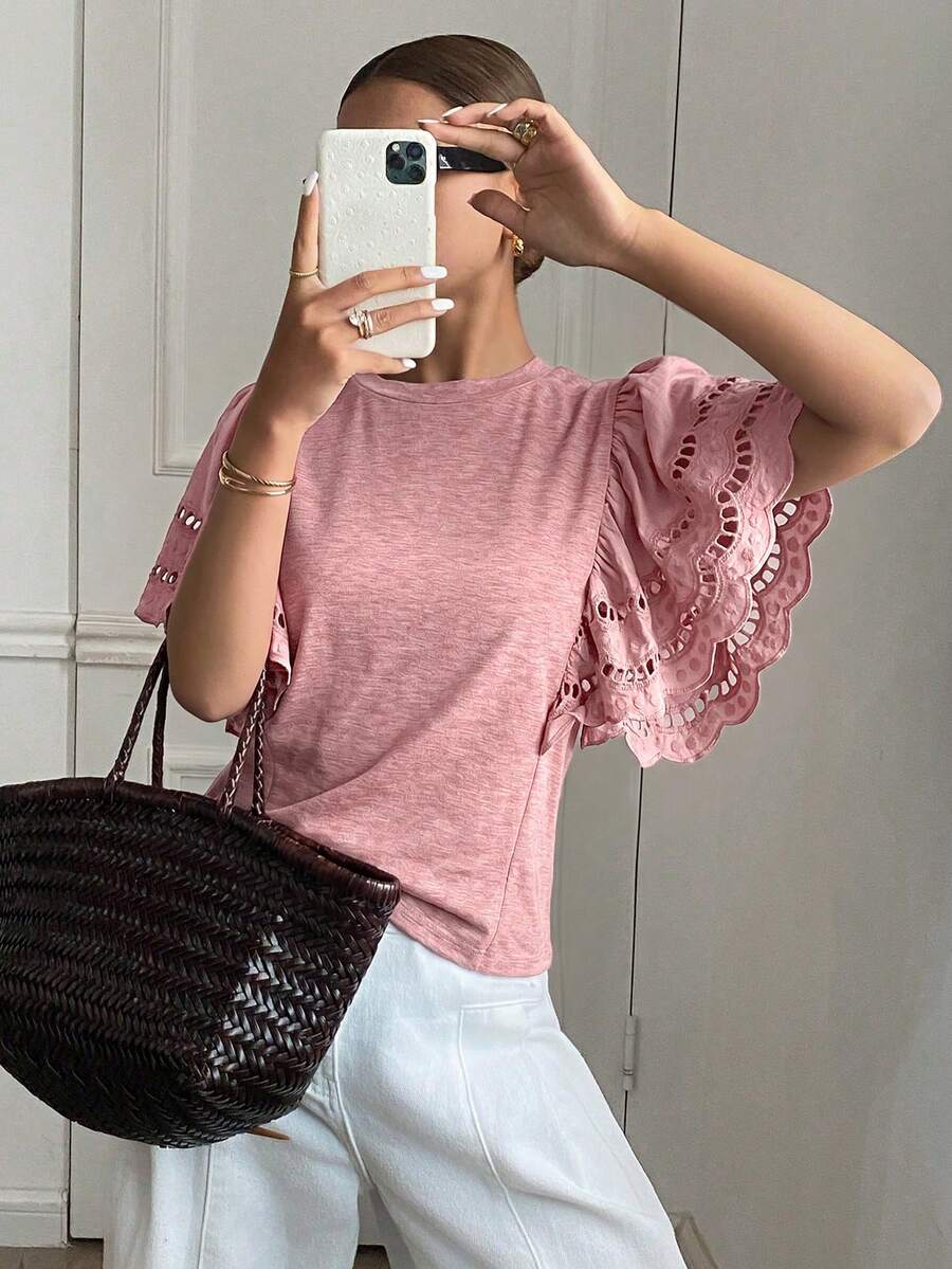 Serisse 女款圓領鏤空刺繡荷葉袖休閒T恤 - 粉色 - 查看 1