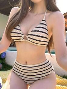 DAZY 女款條紋布料對比色織帶拼接細肩帶露背休閒背心短褲套裝，度假溫泉海灘比基尼泳裝 - 米色 - 查看 2
