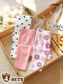 SHEIN Random 4 PACK Send 3PACK Versatile Color Series, Sweet Cute Floral & Striped Series, Baby Girl Cute Comfortable Casual Leggings Elastic Leggings Suitable For Spring/Summer Daily Wear, School, Outings, Street, Vacation, Picnic, Farm - Multicolor - View 2