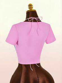 Amplova 女款 2 件組性感運動上衣 T-shirt，附胸杯設計，巴西配色，三角杯飾，可愛性感 - 西瓜粉 - 查看 8
