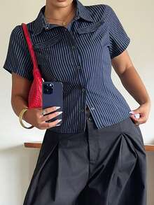 Dazy Plus Plus Size Striped Fitted Sexy Faux Pocket Short Sleeve Spring Summer Cropped Shirt - Navy Blue - View 1