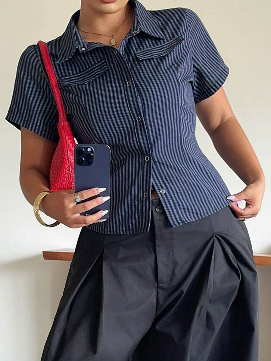 Dazy Plus Plus Size Striped Fitted Sexy Faux Pocket Short Sleeve Spring Summer Cropped Shirt - Navy Blue - View 1