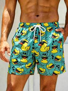Surfspeed Pantalones cortos de playa con cordón en la cintura y estampado de pato de dibujos animados para hombre de talla grande - Verde - Ver 1