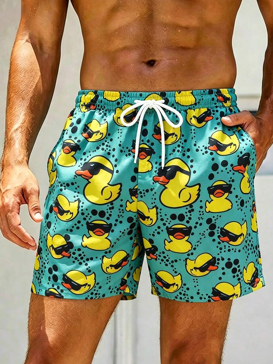 Surfspeed Pantalones cortos de playa con cordón en la cintura y estampado de pato de dibujos animados para hombre de talla grande - Verde - Ver 1